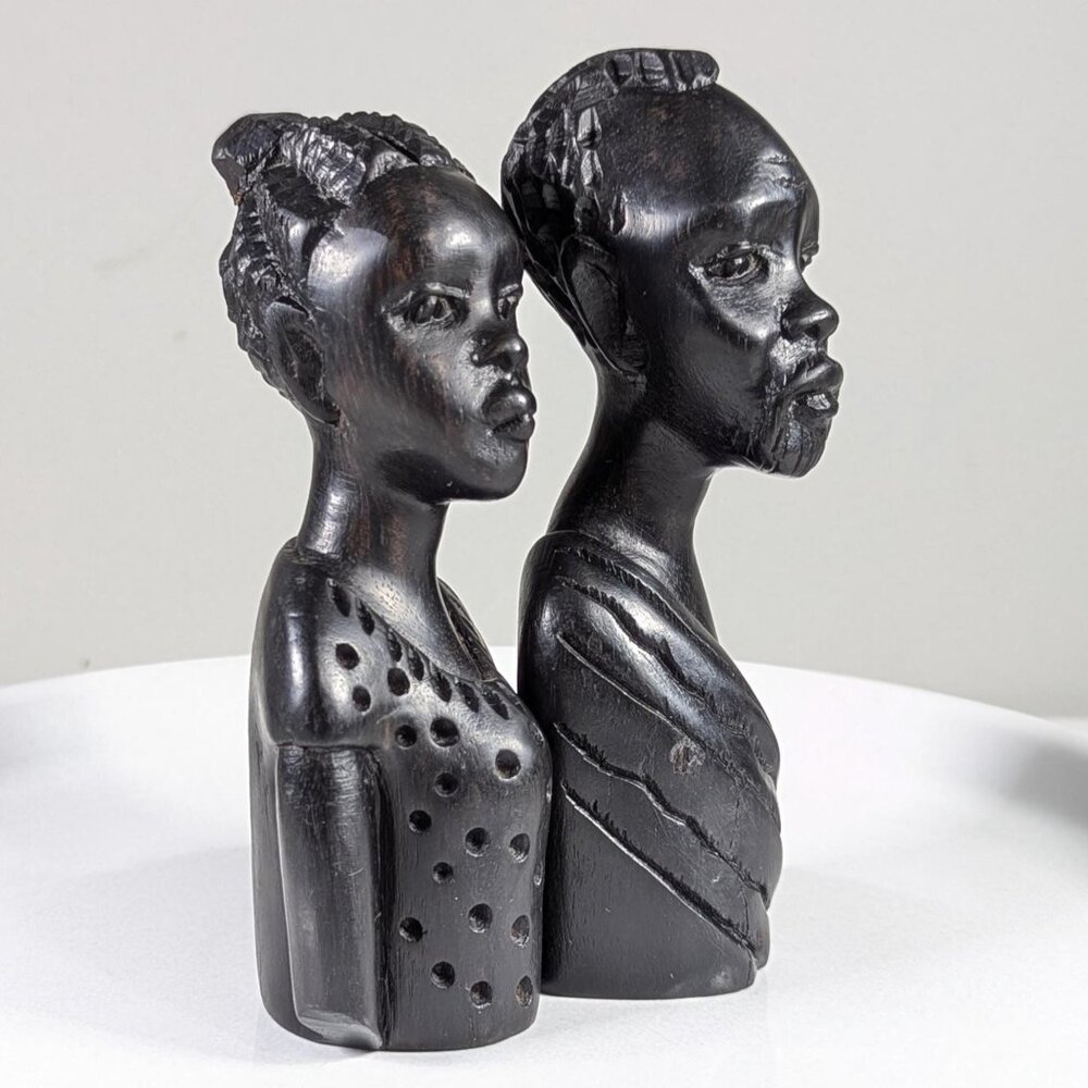 Pair of 5.5" Hand-Carved African Ebony Busts, Vintage hardwood Shona Tribe